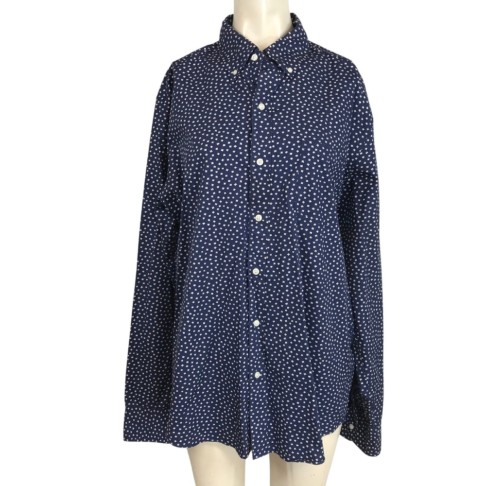 J. Crew Slim Fit Navy White Micro Dot Print Button Down Shirt Mens Large